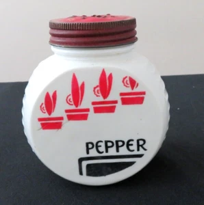 Hocking Fire King Vitrock weiß mit roten Blumentöpfen und Pflanzen Pfefferstreuer - Bild 1 von 12