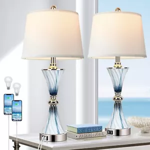 Set of 2 Blue Glass Table Lamps with 2 USB ports 3-Way Dimmable Touch Lamps - Picture 1 of 7