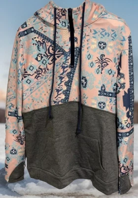 Sudadera con Capucha Gris Rosa Azteca 1/4 Cremallera Manga Larga Calentamiento Bolsillo Talla M Foto 1 de 4