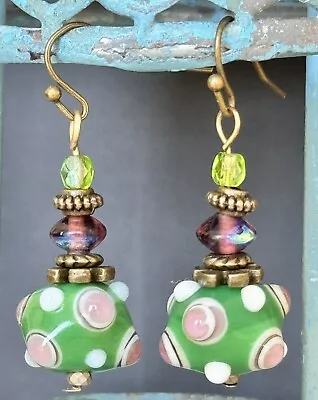 Green and Lavender Lamp Work Glass Bead Dangle Earrings. - Image 1 of 3