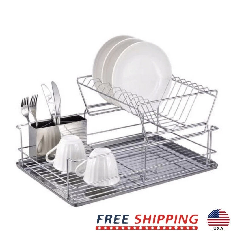 Estante para platos cromado de 2 niveles con soporte para cubiertos organizador de tablero de drenaje de acero inoxidable Foto 1 de 4