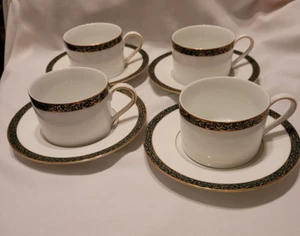 Set of 4 Nikko EMERALD FILIGREE Green Gold Cups & Saucers - Picture 1 of 5