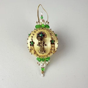 Vintage Pushpin Ornament Sequin Beaded Ornate Christmas Tree Handmade Green - Picture 1 of 4