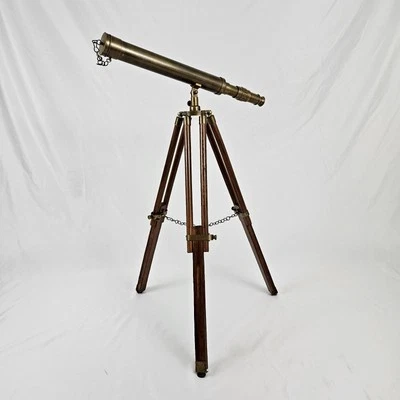 Vtg  Brass Telescope Wooden Tripod Stand Table Maritime Nautical Table Desktop - Image 1 of 4