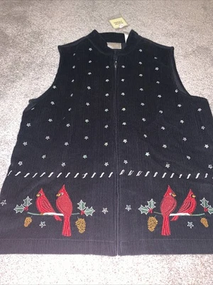 全新 Baxter & Wells Top 女式黑色刺绣红雀灯芯绒背心 S 码 — 第 1/4 张图片