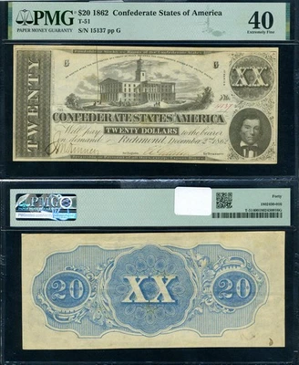 T-51 $20 1862 Confederate Note CR-366 PMG XF40 Full Frame - Image 1 of 3