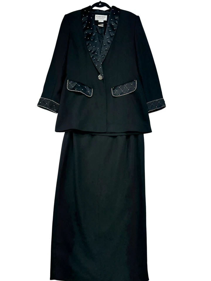 Conjunto de traje chaqueta y falda de noche para mujer St. Anthony talla 10 negro con cuentas  Foto 1 de 4
