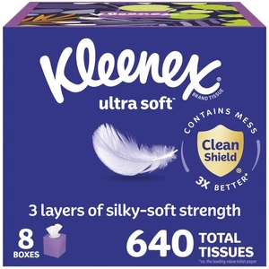 Kleenex Ultra Soft Facial Tissues, 8 Cube Boxes, 80 Tissues per Box, 3-Ply, P... - Picture 1 of 9