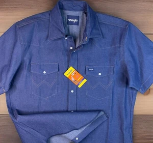 Wrangler Cowboy Cut Western Shirt Denim Pearl Snap Short Sleeve Men Sz L NWT - Picture 1 of 8