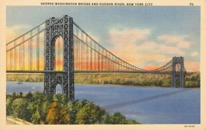 Postal de lino al atardecer de la ciudad de Nueva York del puente George Washington y el río Hudson - Imagen 1 de 2