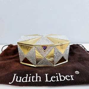 Judith Leiber Minaudiere Swarovski Crystal Metal Sweetmeat Box Evening Bag Purse - Picture 1 of 10