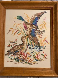 Vintage Finished Framed Cross Stitch Mallard Ducks Hunting Rushes - Picture 1 of 9