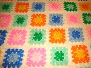 Vtg Granny Square Crochet Throw Blanket Bright Pastels White Core 46 x 62 - Picture 1 of 3