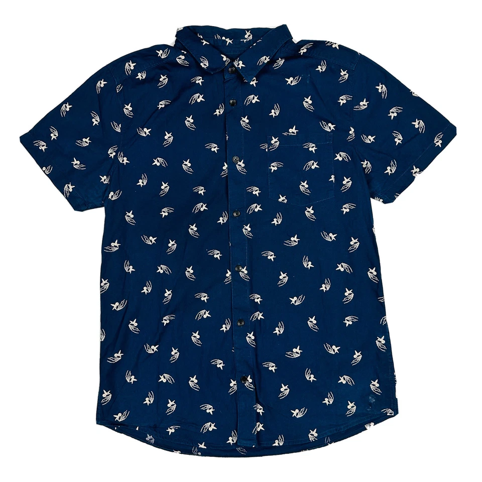 Camisa de manga corta RVCA para hombre talla L calce ajustado azul pájaro patrón de mano ropa de calle Foto 1 de 4