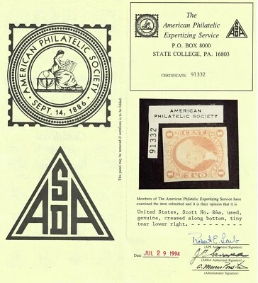 US Scott # R4a, 1 cent Telegraph Stamp SCV $ 800.00 with Cert. Lot 230710 - Image 1 of 3