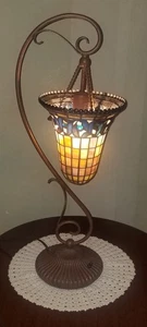 Quoizel Tiffany Style Table Desk Lamp w/ Dimmer Scrolled Metal Arm Hanging Shade - Picture 1 of 11