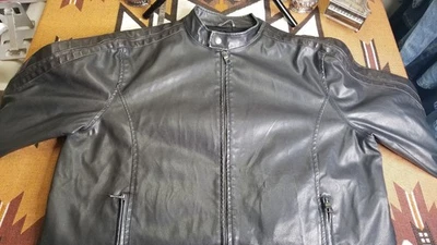 Retro Vintage 90's Y2K BC Ethic Black Fake Leather Cafe Racer Motorcycle Jacket - Image 1 of 4
