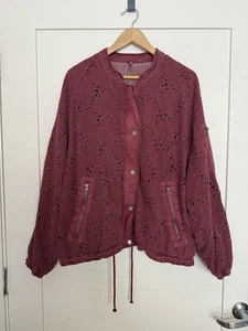 Free People Daisy Jane Bomber Jacket Women Sz L Burgundy Eyelet Embroidered Boho - Picture 1 of 13