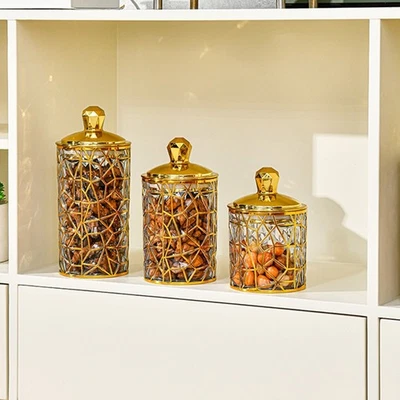 Round Gold Striped Sealed Jar with Lid for Organizing Grains and Snacks - Image 1 of 4
