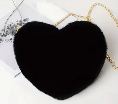 Fluffy Mini gold Chain black Heart Shaped Faux Fur Handbag /purse - Image 1 of 3
