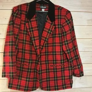SAG Harbour Woman 20W Wool Blend Red Plaid Blazer Black Velvet Collar Vintage - Picture 1 of 7
