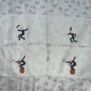 Set Of 4 Embroidered Cloth Napkins ’50’s Waiter Balance Humorous - Picture 1 of 5