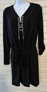 NUEVO CON ETIQUETAS Michael Kors Talla PETITES GRANDE PL Vestido Negro Cadena de Metal Cinturón Cuello Con Cordones - Imagen 1 de 11