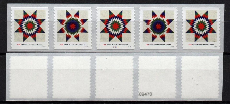 USA, SCOTT # 5098-5099, STRIP OF 5 PNC #B11111 STAR QUILTS, WITH NUMBERS ON BACK - Image 1 of 1