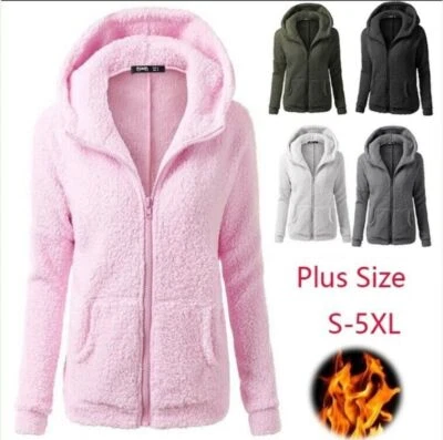 Womens Zipper Hoodie solid Fluffy Coat Overcoat Jacket Tops Outwear PLUS SIZE - Image 1 of 4
