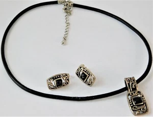Vtg MEXICO Modern Sterling Silver Onyx Necklace Choker Earring 3 Piece Set - Picture 1 of 5