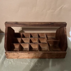 ANTIQUE RUSTIC WOODEN TOOL TRAY NAIL CADDY 14 Compartment Long HANDLE 13”x 8” - Picture 1 of 23