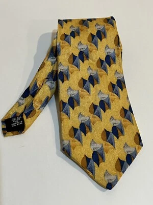 Alfani 领带金色/黄色蓝色灰色几何图案 100% 真丝 — 第 1/4 张图片