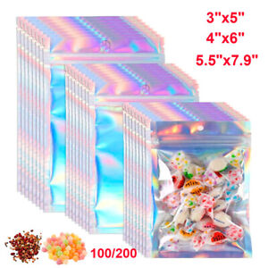 100/200PCS Smell Proof Mylar Foil Bags Holographic Resealable Zip Lock Pouch 3x5