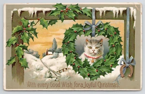 Kitty Cat Inside Holly Berry Wreath Antique Christmas Postcard Horseshoe 1910's - Picture 1 of 6