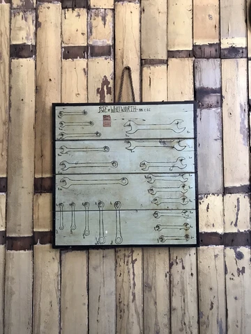 Vintage Mid 20th Century Timber Mechanics Spanner Shadow Tool Board Rack Sign Cover