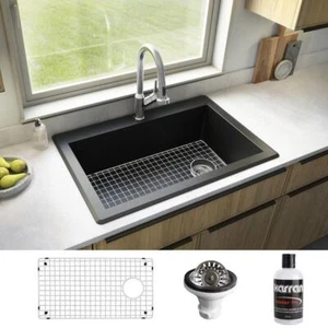 Karran Kitchen Sink 33" x 22" w/ Accessory Single Bowl Rectangular Quartz Black - Picture 1 of 5