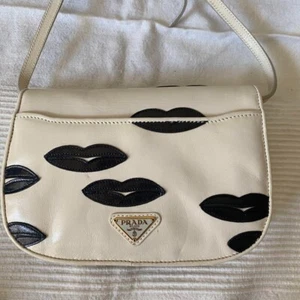 RARE PRADA Shoulder Bag Clutch Off-White Black Leather Limited Edition Designer - Picture 1 of 8