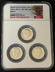 3 Kennedy Silver Halves 1965 S, 1966 S, & 1967 S SMS MS 67 Custom NGC Holder - Picture 1 of 4