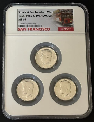 3 Kennedy Silver Halves 1965 S, 1966 S, & 1967 S SMS MS 67 Custom NGC Holder - Image 1 of 4