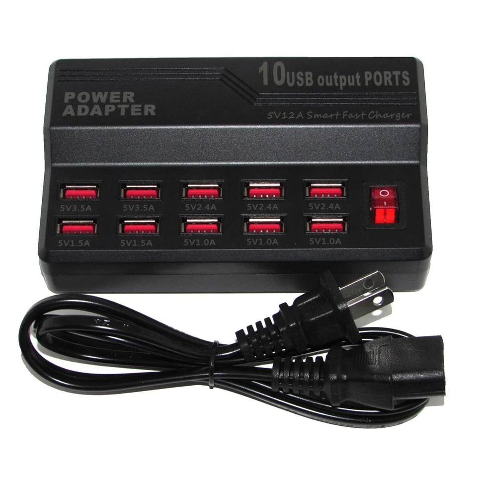 5V 12A 50W 10 USB Output PORTS Fast Charger Power Adapter With AC Wall Charger - Image 1 of 4