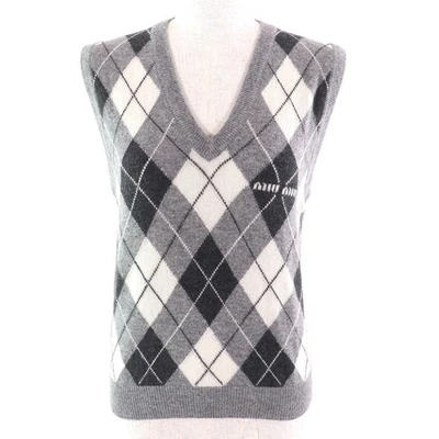 MIUMIU Mejor Logo Patrón Argyle Cuello en V Tejido Gris Cachemira Mujeres 38 MMV106 Foto 1 de 4