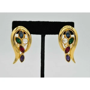 Vintage Multi-Color Crystal Clip On Earrings Gold Marquise Rhinestone 1980s 9H - Picture 1 of 8