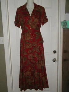 LAUREN 100% Linen 2-PC button down SHIRT/skirt Red Floral M Reg Skirt sz 6 - Picture 1 of 9