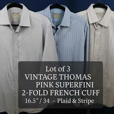 Lot 3 Vintage Thomas Pink Superfine 2Fold French Cuff 16.5 34 Plaid & Stripe 46" - Image 1 of 4