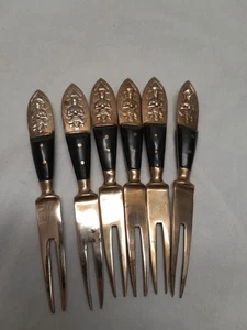 SIAM Bronze Cocktail Forks Brass with Teak handle Vintage Collector 6 Pieces - Picture 1 of 10