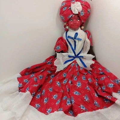 VTG Caribbean Doll Folk Art Porcelain Face  Handstitched Dress  Bead Earings - Image 1 of 4