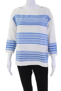 Lemlem Womens Cotton Striped Boat Neck 3/4 Sleeve Blouse Top White Blue Size S - Picture 1 of 6