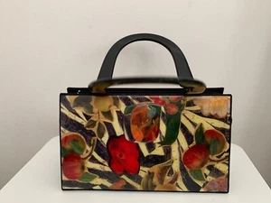 Vintage Angela Frascone Resin Black Cream Red Floral Flower Handbag Purse - Picture 1 of 9
