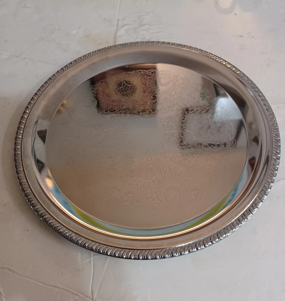 Phoenixware Aluminum Silver Platter floral impressed 12 in tray dish USA made - Image 1 of 2