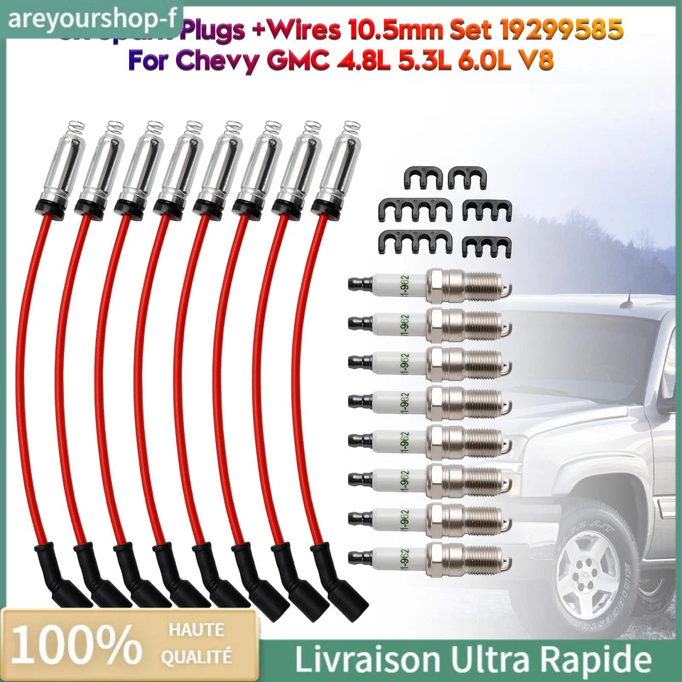 8x Bougies d'allumage fils 10.5mm Set 19299585 Pour Chevy GMC 4.8L 5.3L 6.0L V8f - Photo 1/4